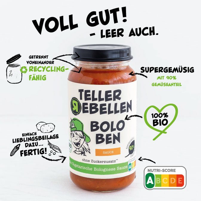 TellerRebellen - Bolo Ben - Bio vegetarische Bolognese Sauce - Produktabbildung mit USPs