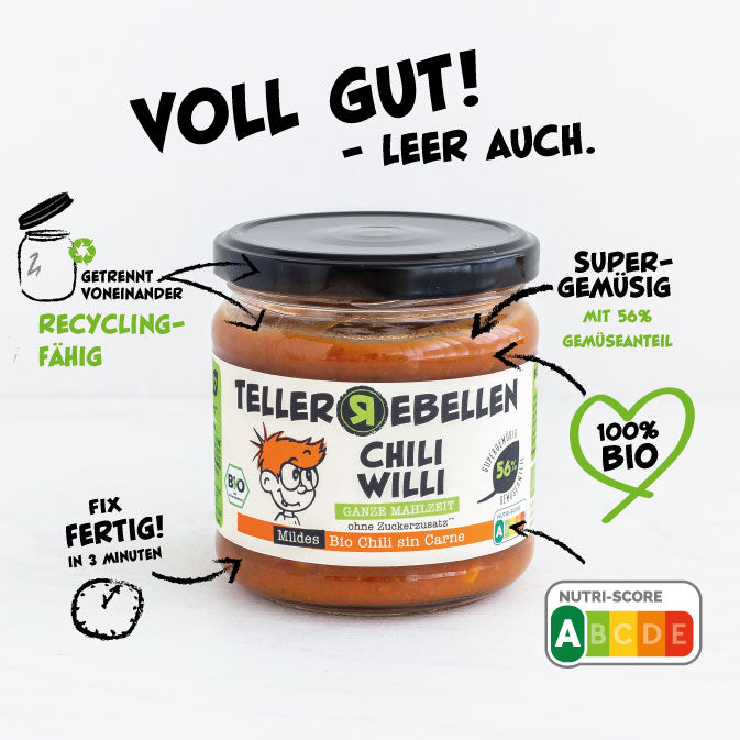 TellerRebellen - Chili Willi - Bio Chili sin Carne - Produktabbildung mit USPs