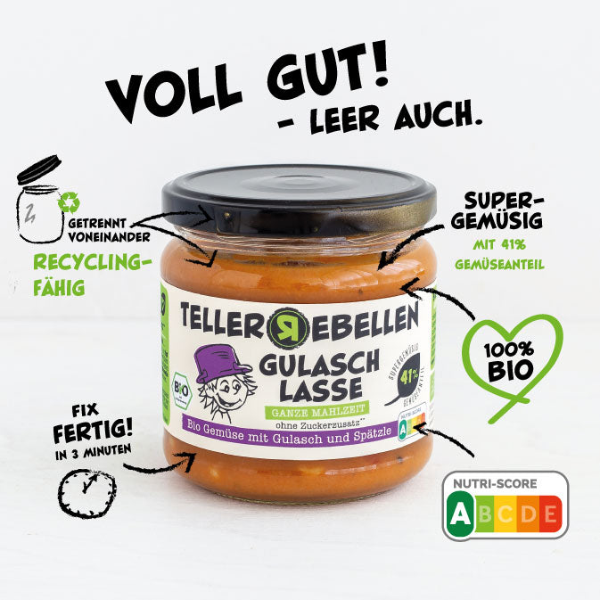 TellerRebellen - Gulasch Lasse - Bio Gemüse mit Gulasch und Spätzle - Produktabbildung mit USPs