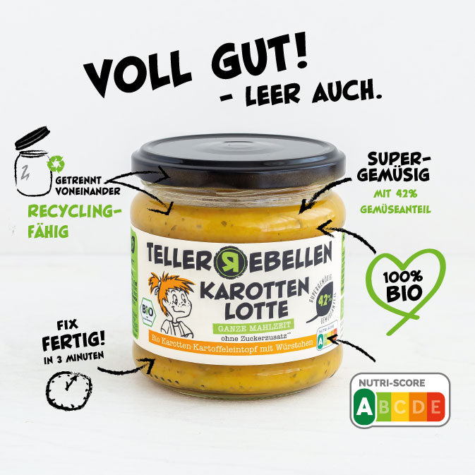 TellerRebellen - Karotten Lotte - Bio Karotten-Kartoffeleintopf mit Würstchen - Produktabbildung mit USPs