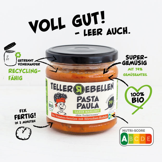 TellerRebellen - Pasta Paula - Bio Tomaten Gemüse mit Hörnchen Nudeln - Produktabbildung mit USPs
