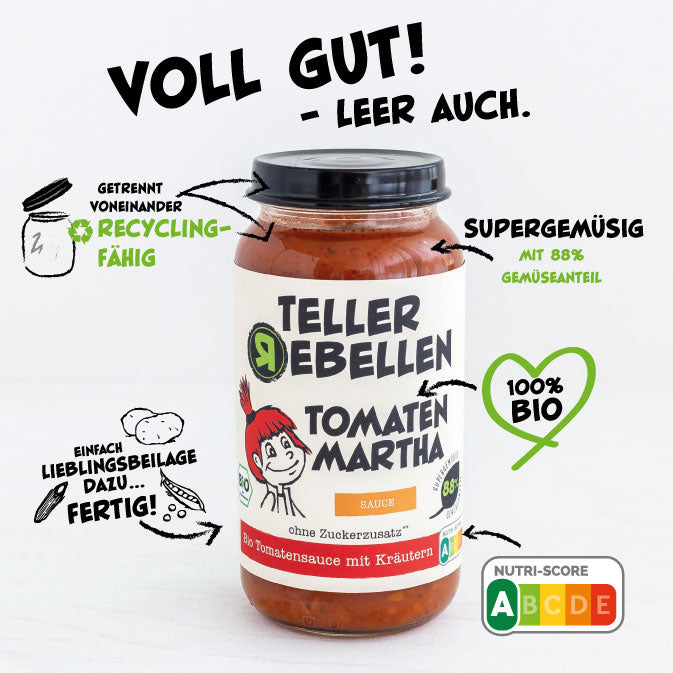 TellerRebellen - Tomaten Martha - Tomaten Sauce mit Kräutern - Produktabbildung mit USPs